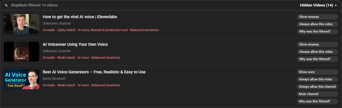 SlopMute review list with controls to show or allow each matched video