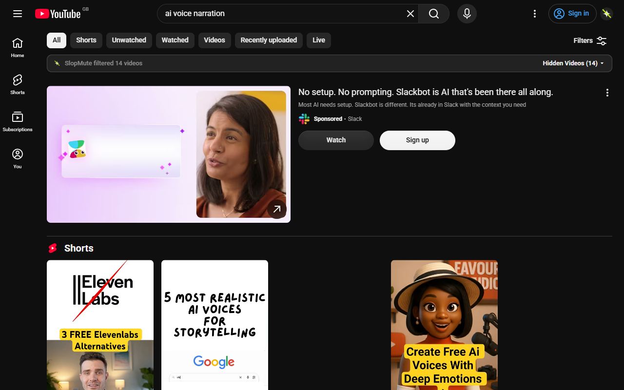 SlopMute removing AI videos from a real YouTube search, with matching results collapsed into a reviewable list